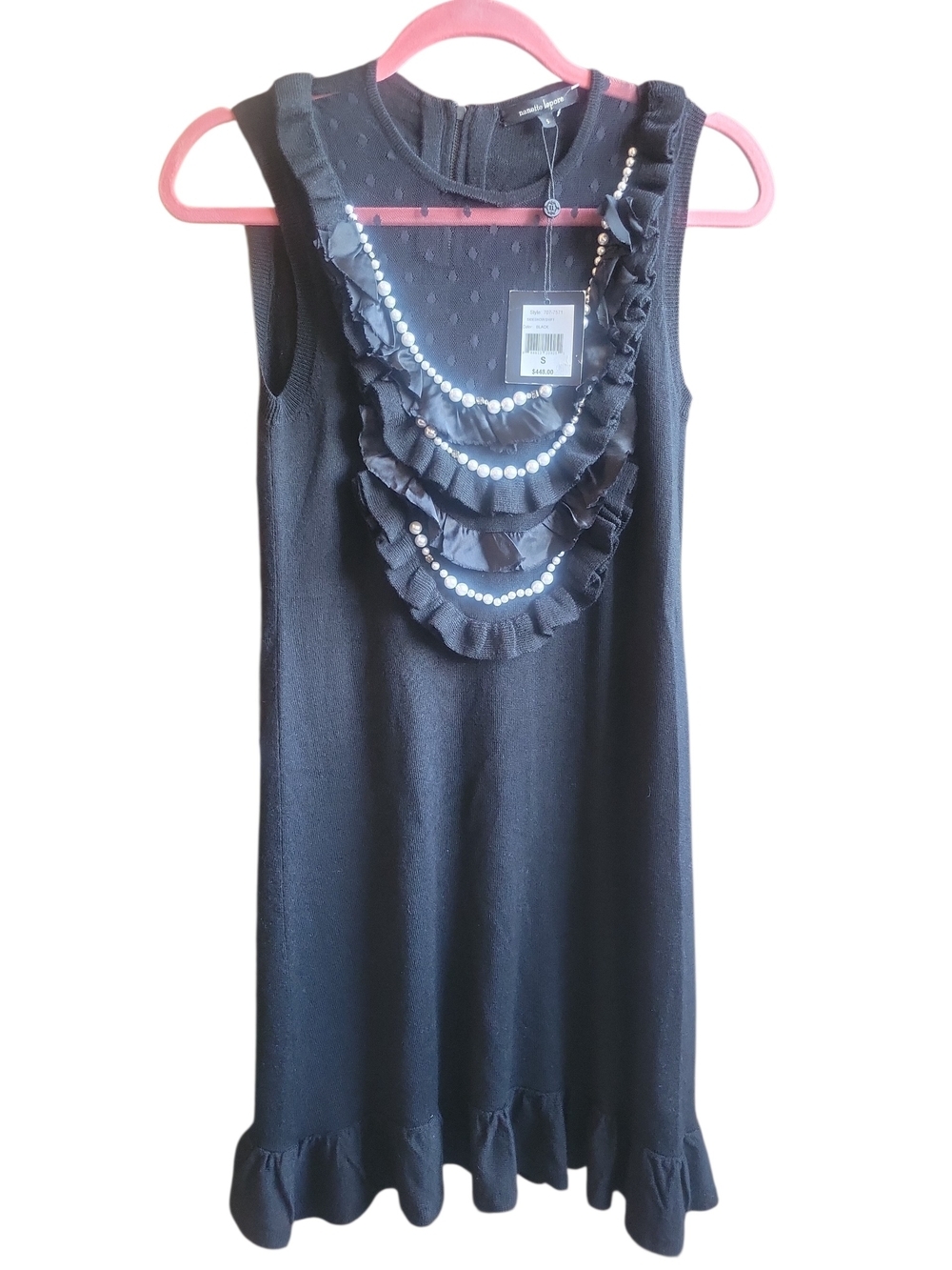 Nanette Lepore Black Dress with Faux Pearl Necklace Detail 100% Wool - Picture 12 of 12